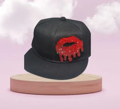 Redink & Co.-Flat Brim Black 6 panel Hat-rhinestone lips drip